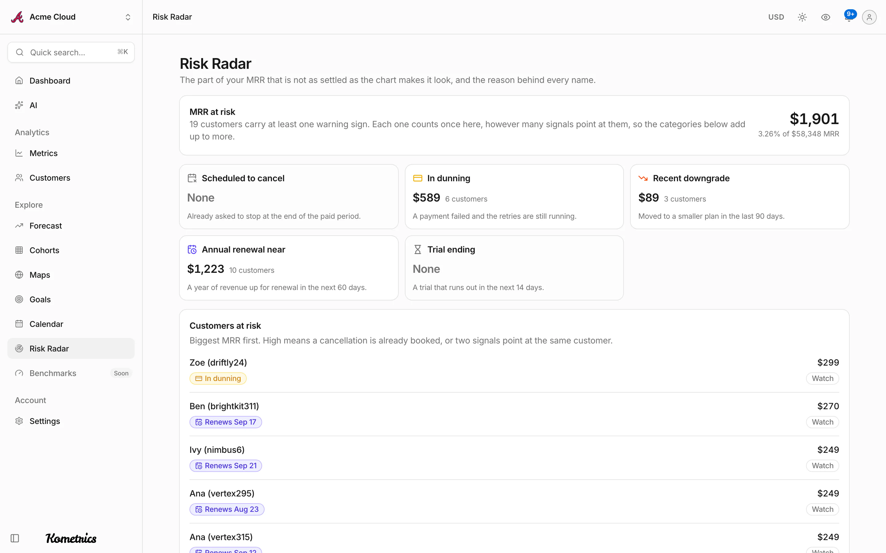 Risk radar listing the customers whose recurring revenue is most at risk